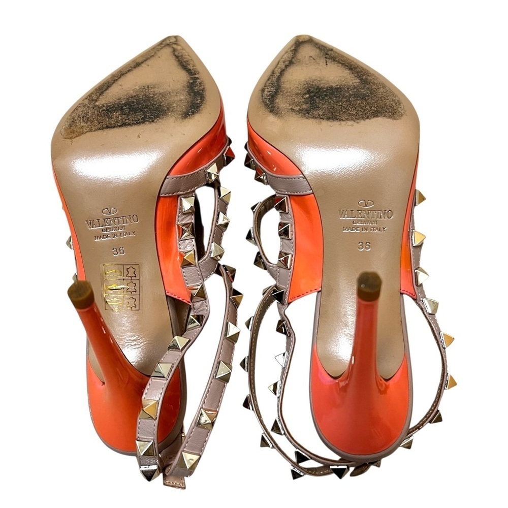 Valentino 6 Calfskin Nappa Rockstud T-Strap Patent Orange Poudre Pumps Heels - Picture 12 of 16